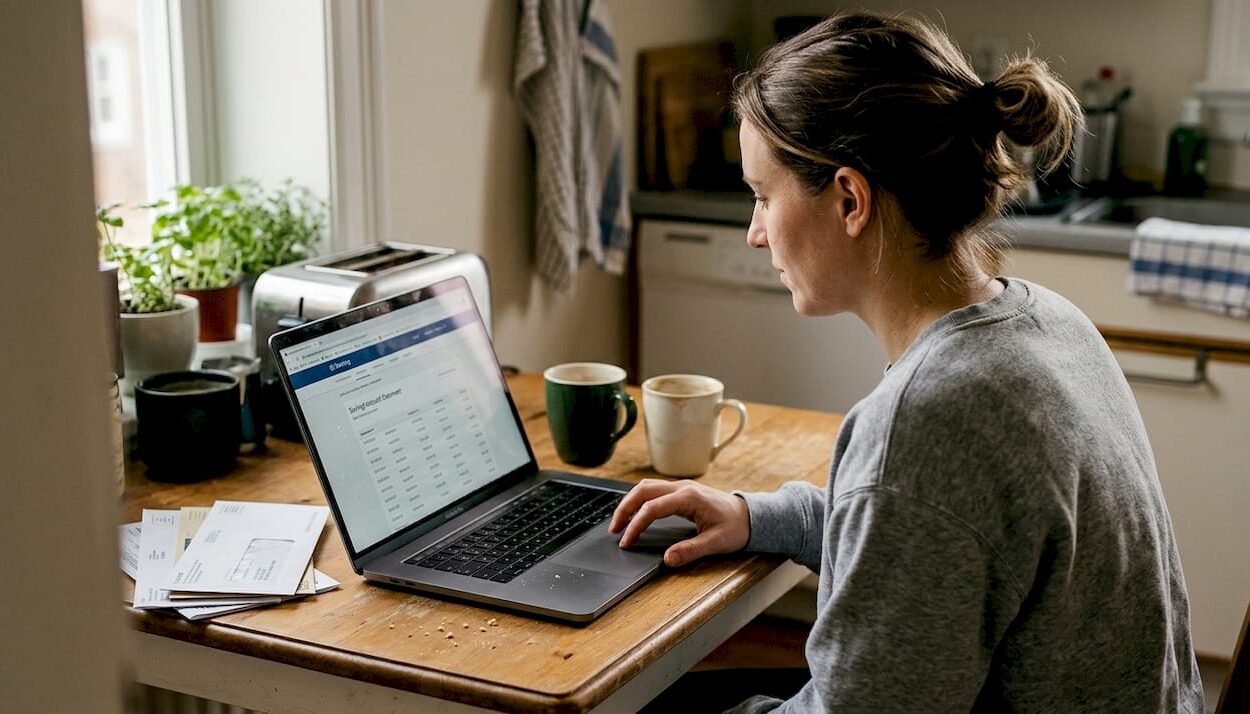 Woman reviewing online savings at kitchen table