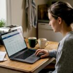 Woman reviewing online savings at kitchen table