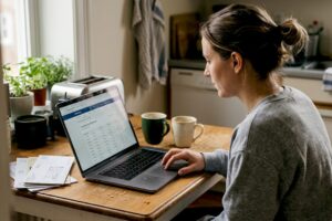 Woman reviewing online savings at kitchen table