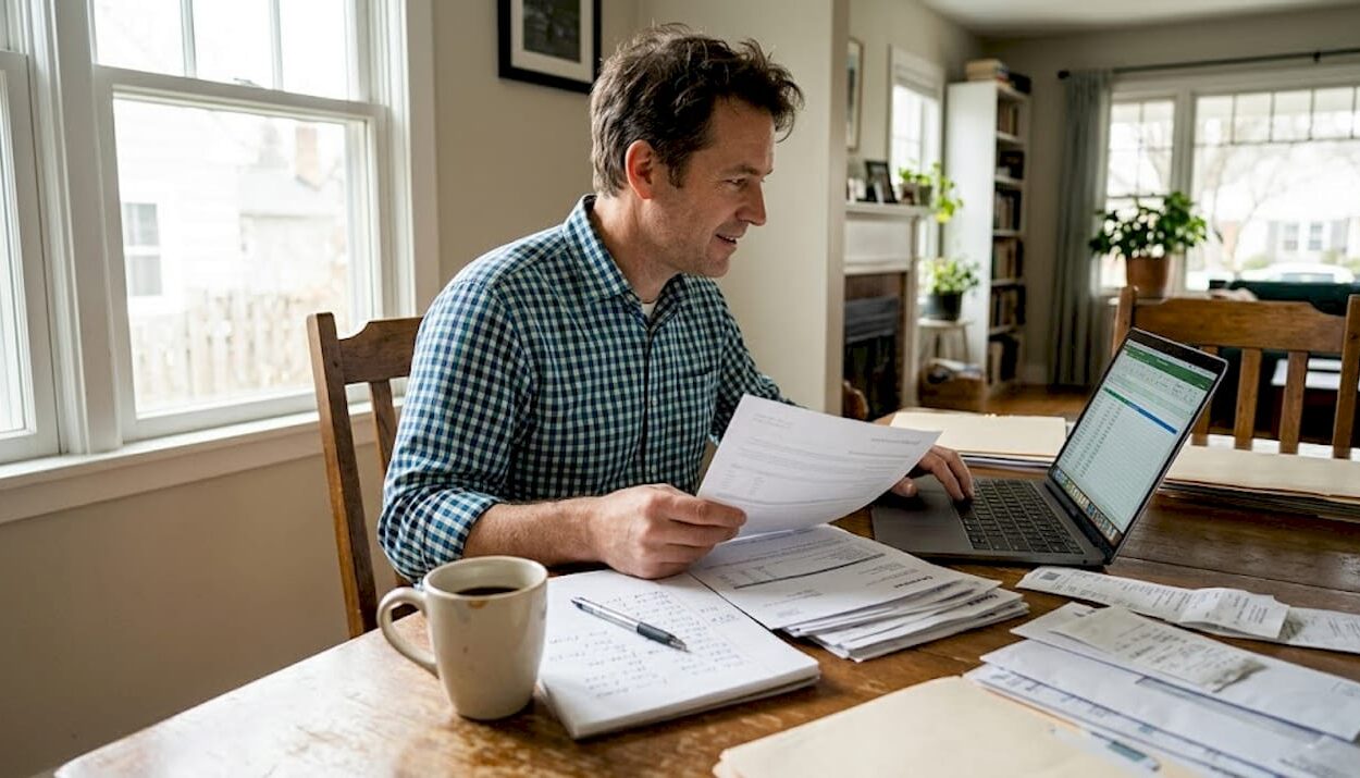 Man reviewing finances at home table