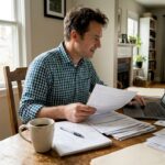 Man reviewing finances at home table
