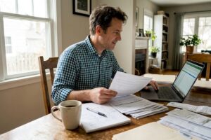 Man reviewing finances at home table