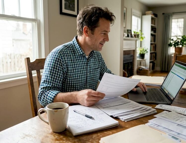 Man reviewing finances at home table