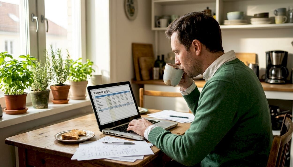 Man working on finances at kitchen table