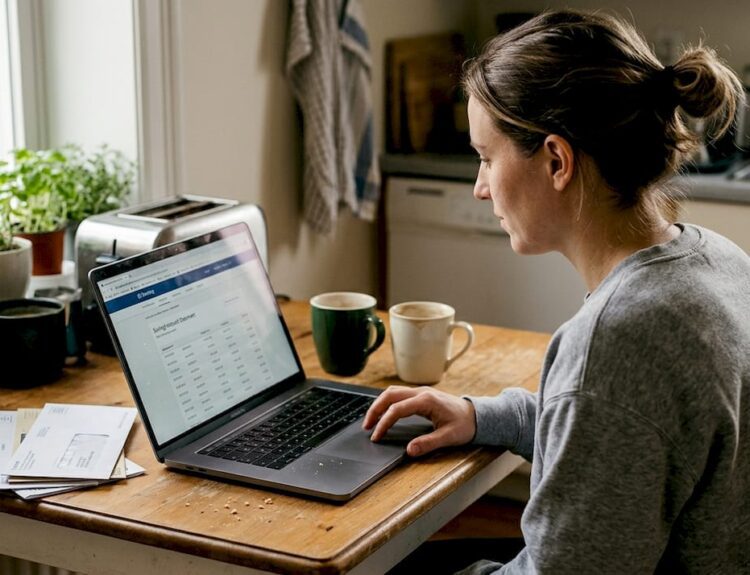 Woman reviewing online savings at kitchen table