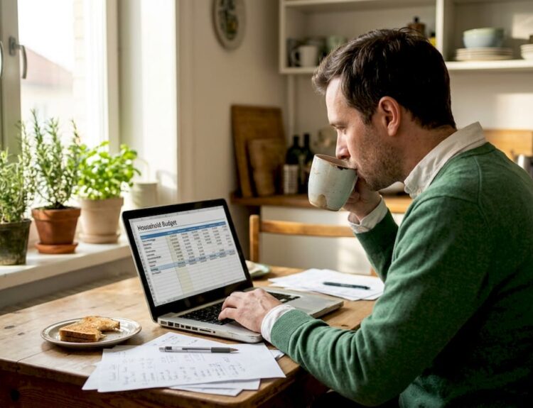 Man working on finances at kitchen table