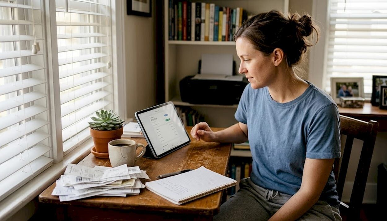 Woman reviews investments at home desk