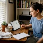 Woman reviews investments at home desk