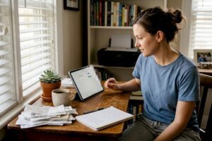 Woman reviews investments at home desk