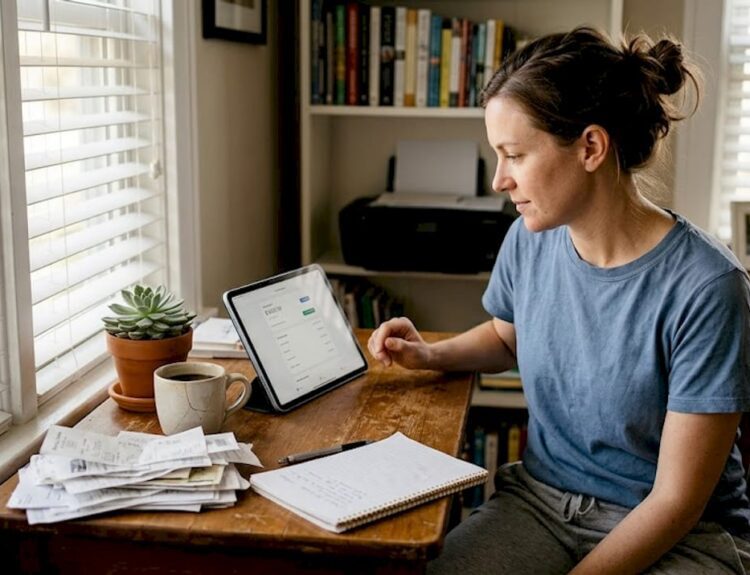 Woman reviews investments at home desk