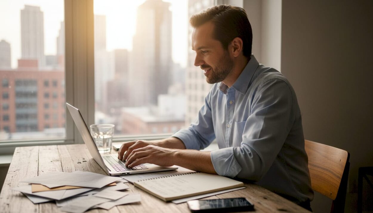 Man tracking finances at home table workspace