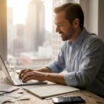 Man tracking finances at home table workspace