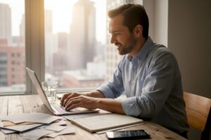 Man tracking finances at home table workspace