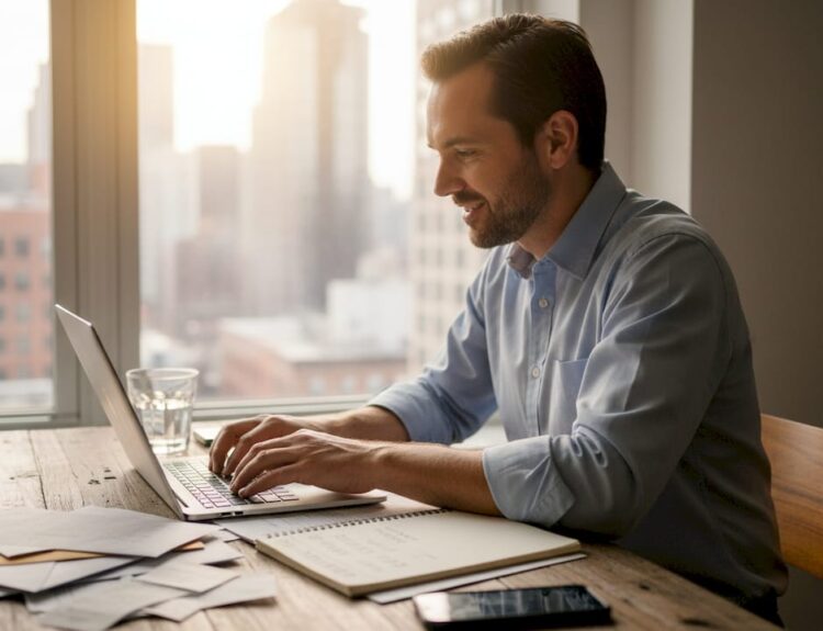 Man tracking finances at home table workspace