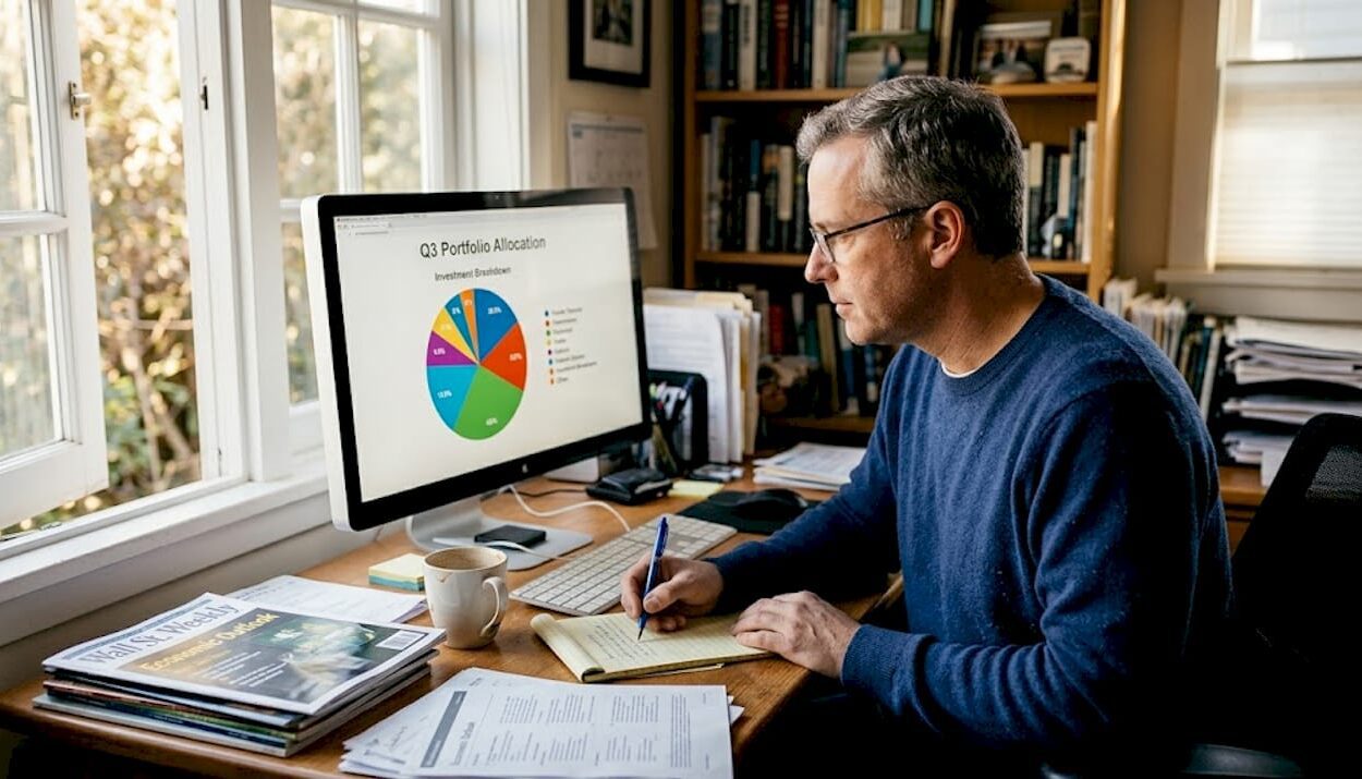 Investor checking portfolio allocations at home desk