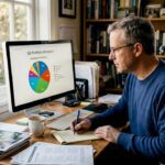 Investor checking portfolio allocations at home desk