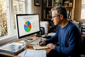Investor checking portfolio allocations at home desk
