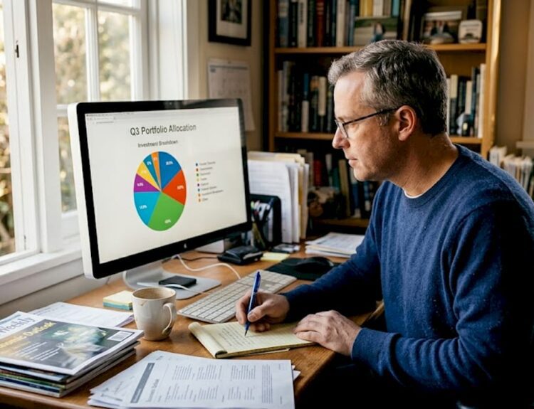 Investor checking portfolio allocations at home desk