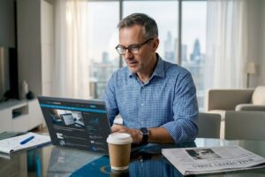 Investor reviewing economic data at home table