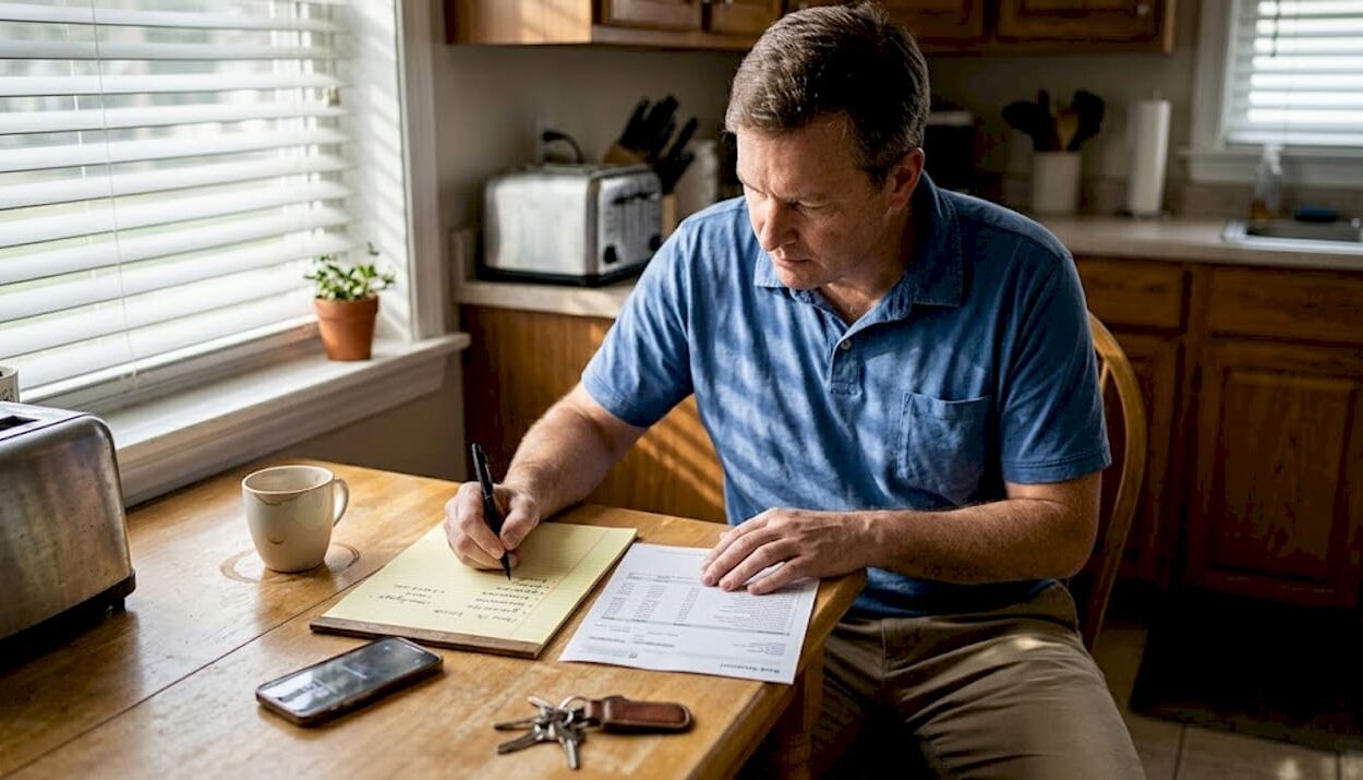 Man reviewing bank statement at kitchen table