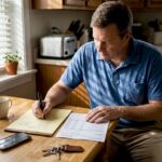 Man reviewing bank statement at kitchen table