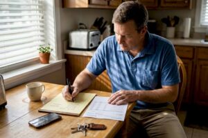 Man reviewing bank statement at kitchen table