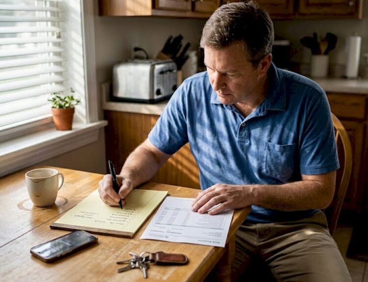Man reviewing bank statement at kitchen table