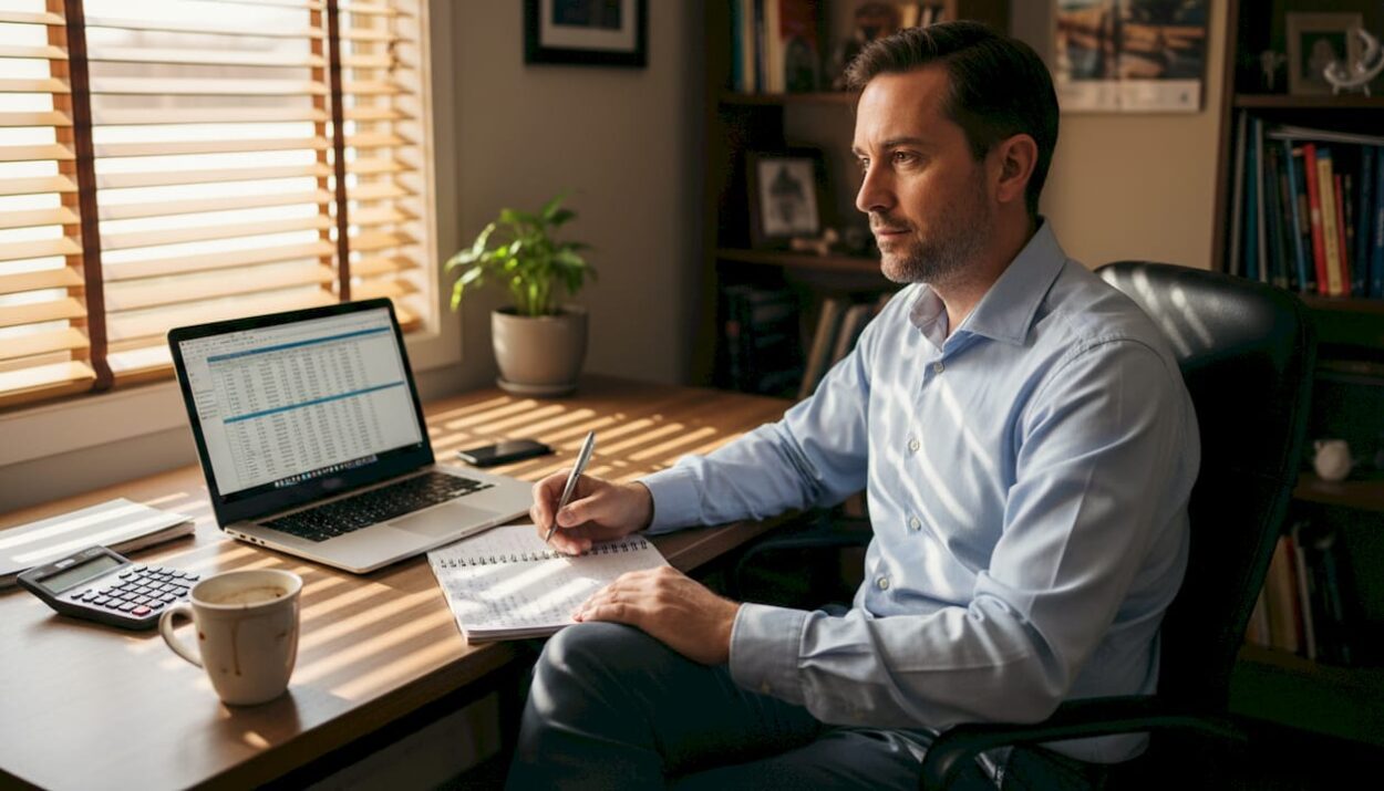 Financial analyst reviewing cash flow spreadsheet
