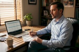 Financial analyst reviewing cash flow spreadsheet