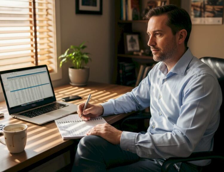 Financial analyst reviewing cash flow spreadsheet