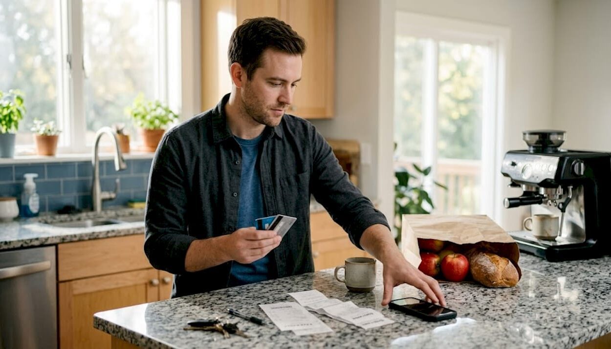 Man deciding between credit and debit card