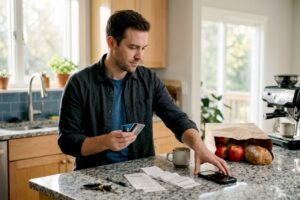 Man deciding between credit and debit card