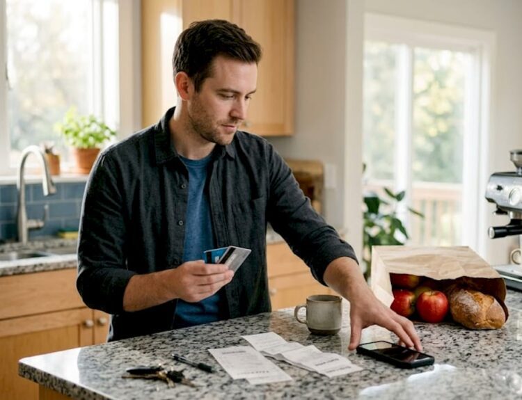 Man deciding between credit and debit card