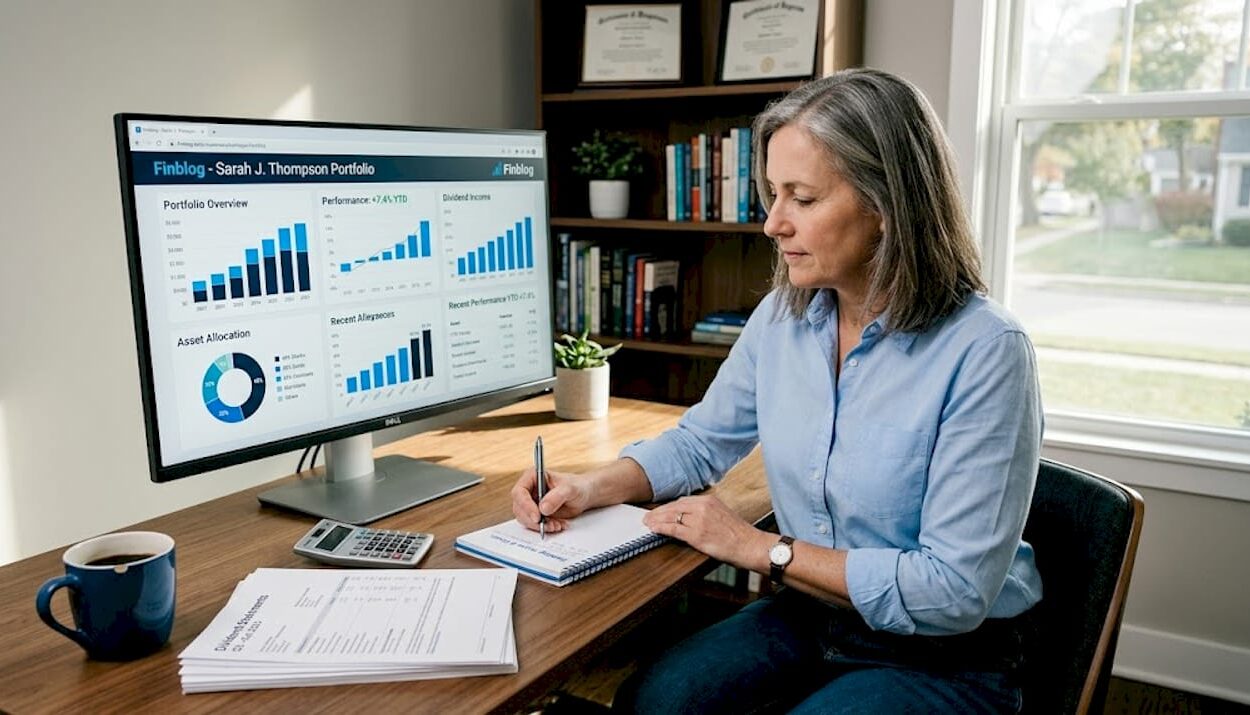 Woman reviewing dividends in home office