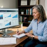 Woman reviewing dividends in home office