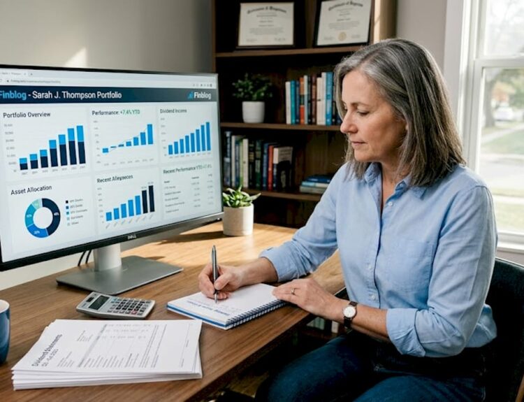 Woman reviewing dividends in home office