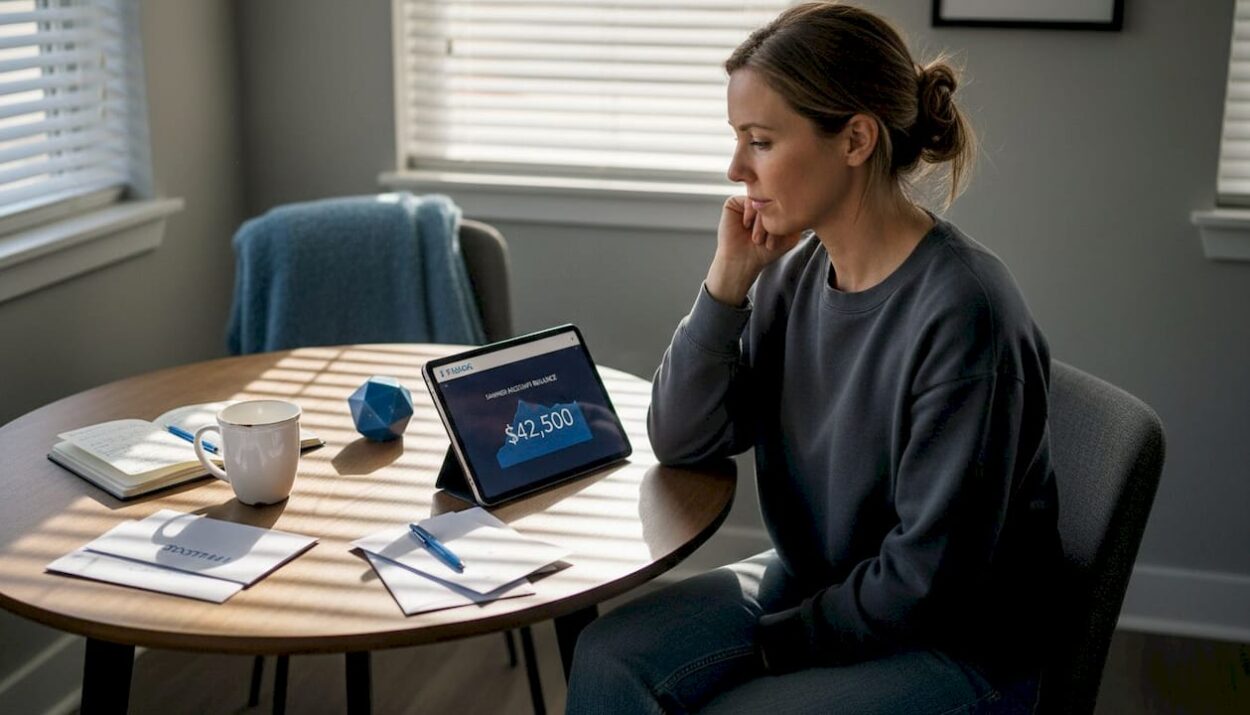 Woman reviewing savings at home