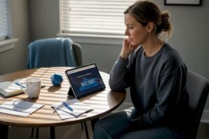 Woman reviewing savings at home