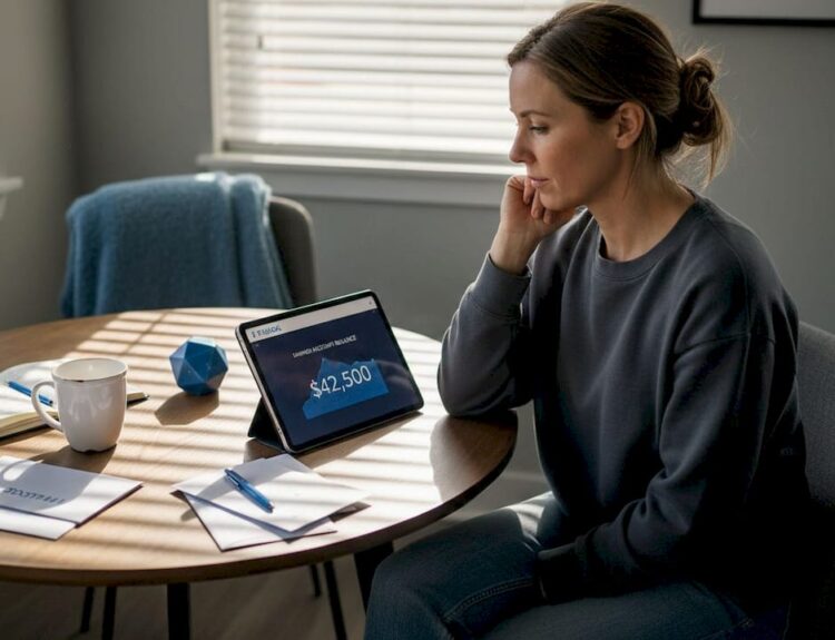 Woman reviewing savings at home