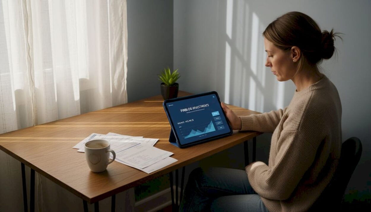 Woman reviewing investments at home desk