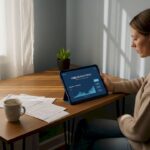 Woman reviewing investments at home desk