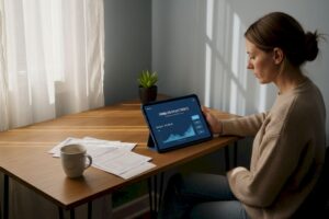 Woman reviewing investments at home desk