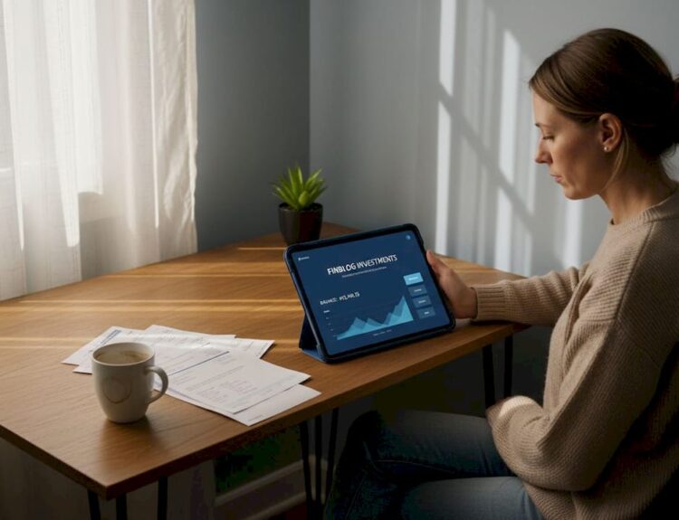 Woman reviewing investments at home desk