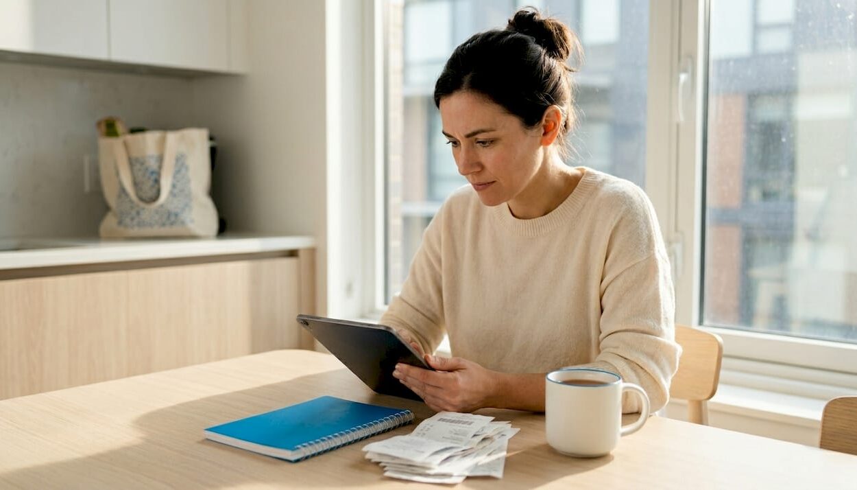 Woman tracking budget at kitchen table