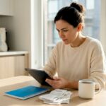 Woman tracking budget at kitchen table