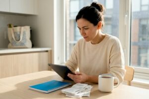 Woman tracking budget at kitchen table