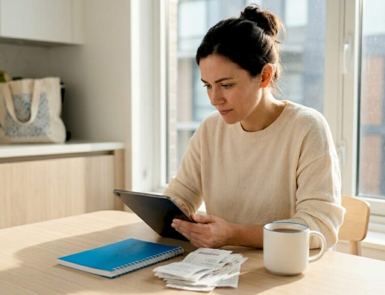 Woman tracking budget at kitchen table