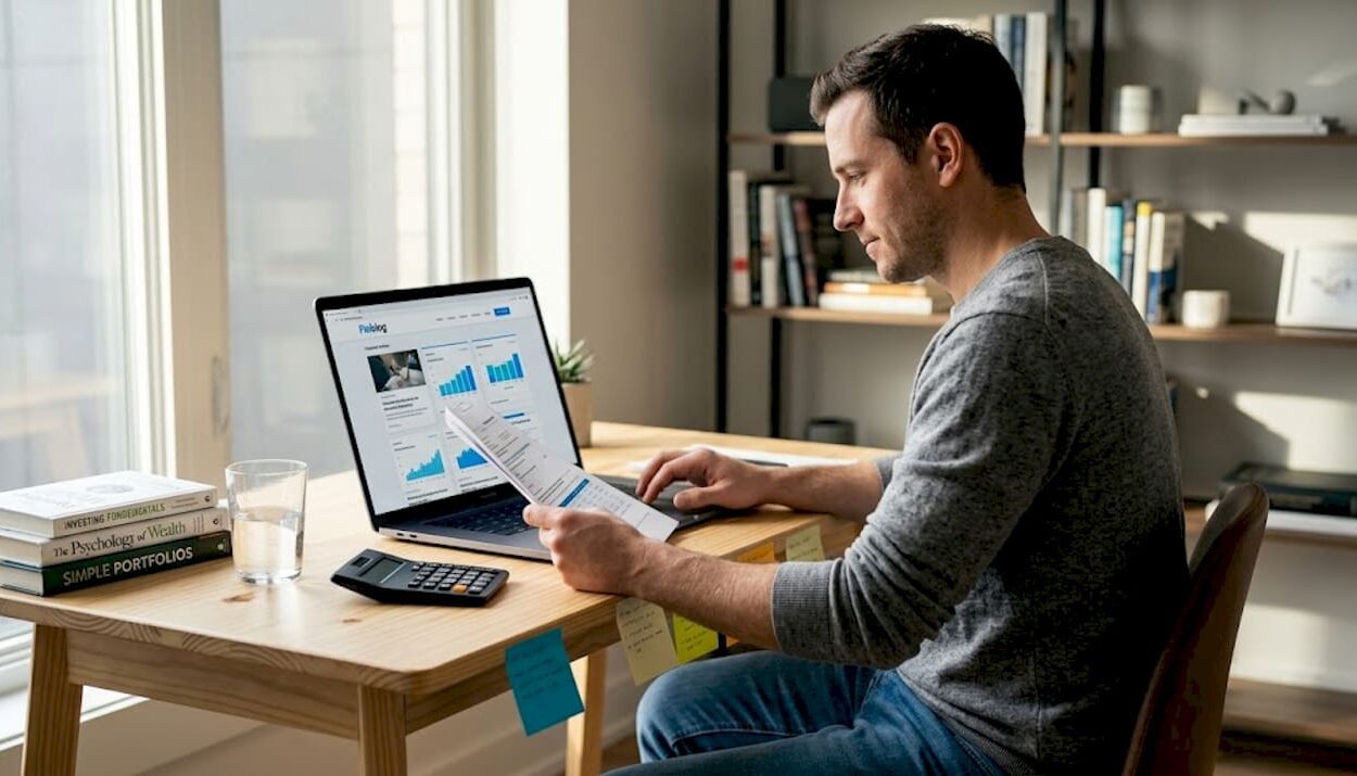 Man reviewing finances at cluttered home office desk
