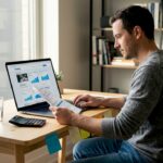Man reviewing finances at cluttered home office desk