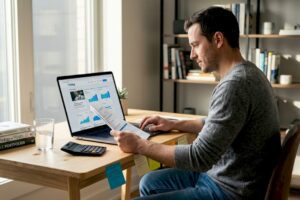 Man reviewing finances at cluttered home office desk